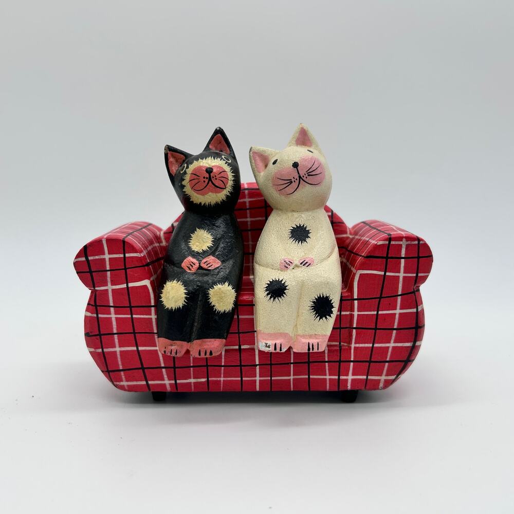 Vintage Cat Figurines Shelf Sitters Sofa Wood Red Plaid Couch Whimsical Decor